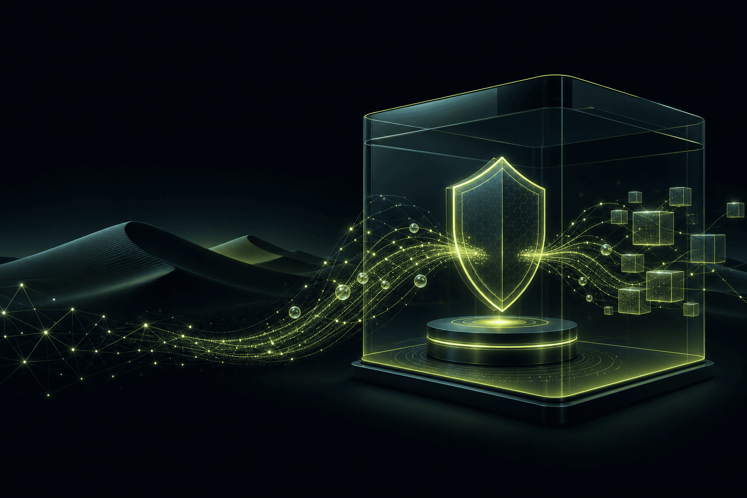 Abstract illustration of a secure digital sandbox: flowing data, shield motif, and lime accent lines on a dark background