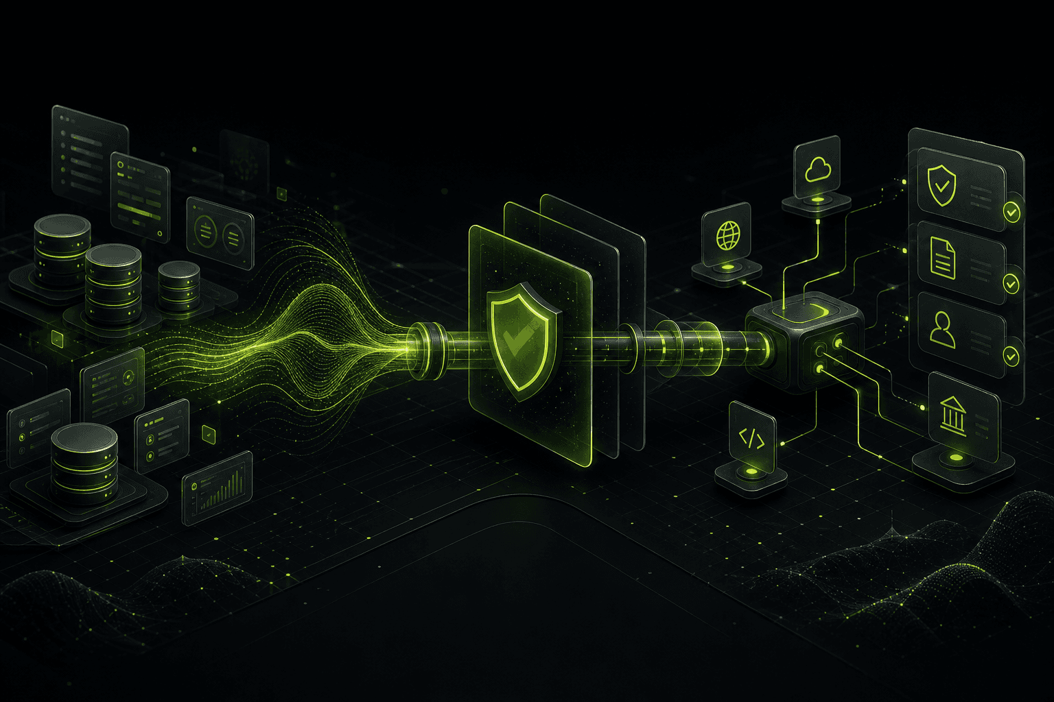 Panoramic abstract illustration: synthetic data catalog, secure pipeline, regulatory shield layer, and API nodes with lime accents on dark background
