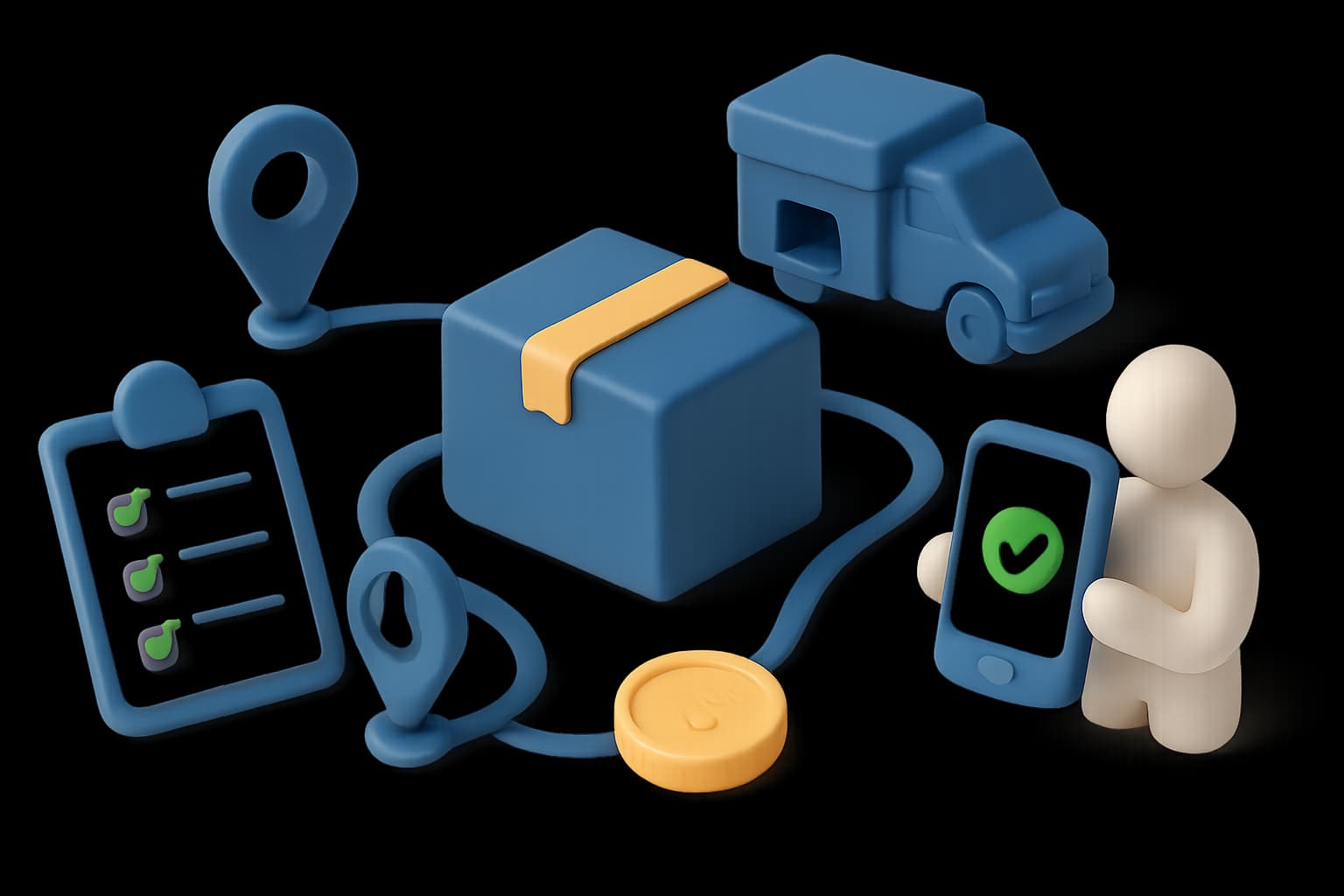 Illustration of a supervised last-mile chain-of-custody linking parcels, payment, and proof-of-life