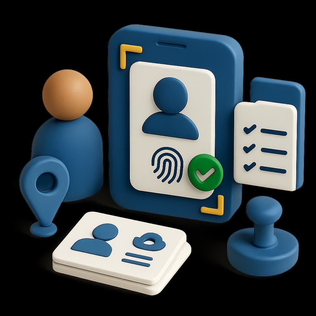 Illustration of supervised biometric proof-of-life verification at counter and field, with no real faces