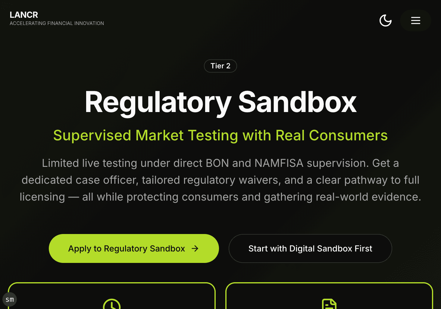 LANCR Regulatory Sandbox tier marketing — supervised testing with BON and NAMFISA